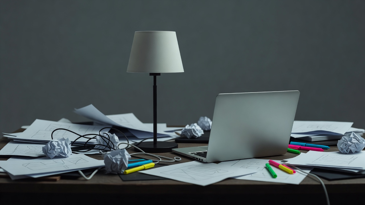 Eine einzelne unbeleuchtete Lampe auf einem Schreibtisch neben einem zugeklappten Laptop im flachen grauen Licht