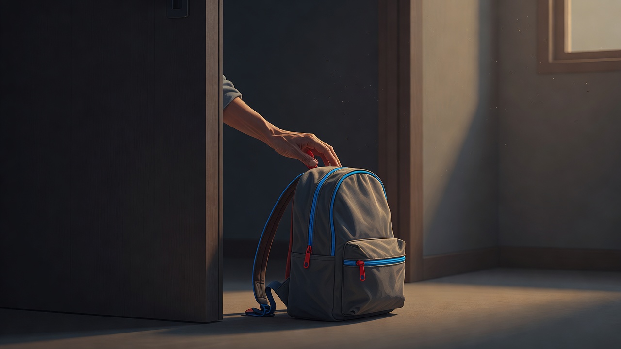 Die Hand eines Elternteils ruht sanft auf einem kindergroßen Rucksack neben einer Tür im warmen Morgenlicht