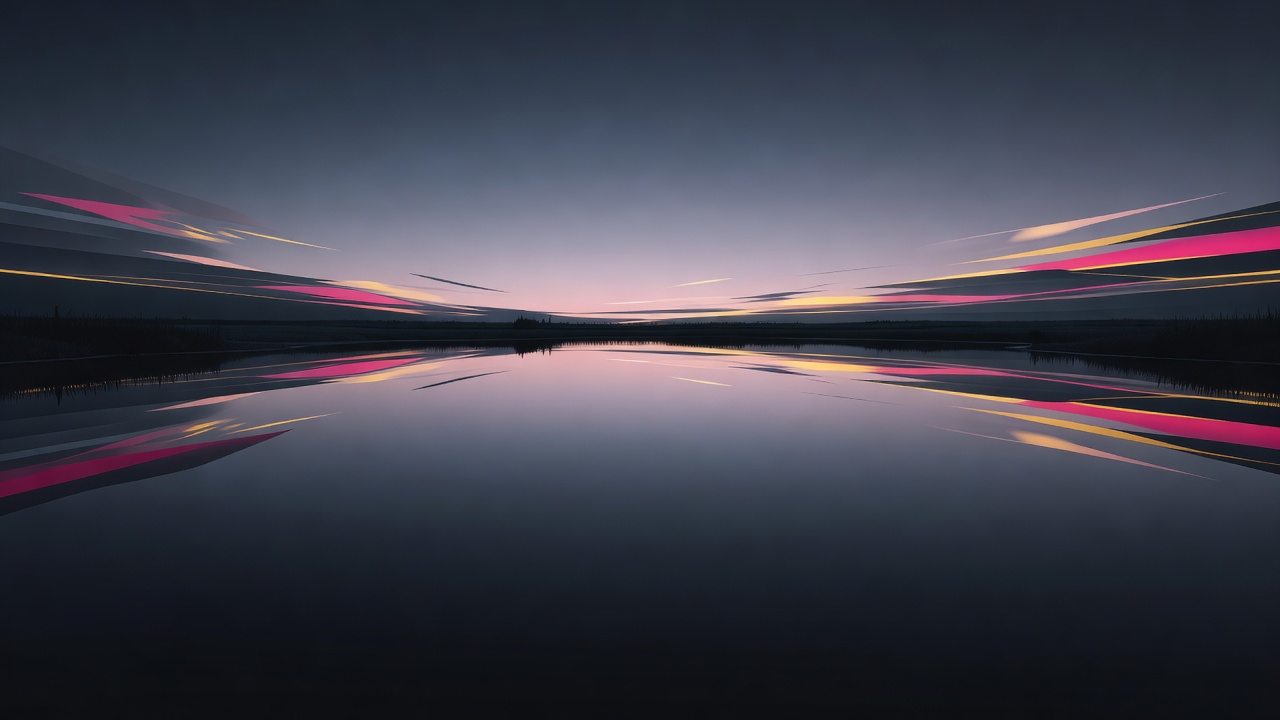 Ein stiller Teich, der im Morgengrauen einen klaren Himmel perfekt spiegelt