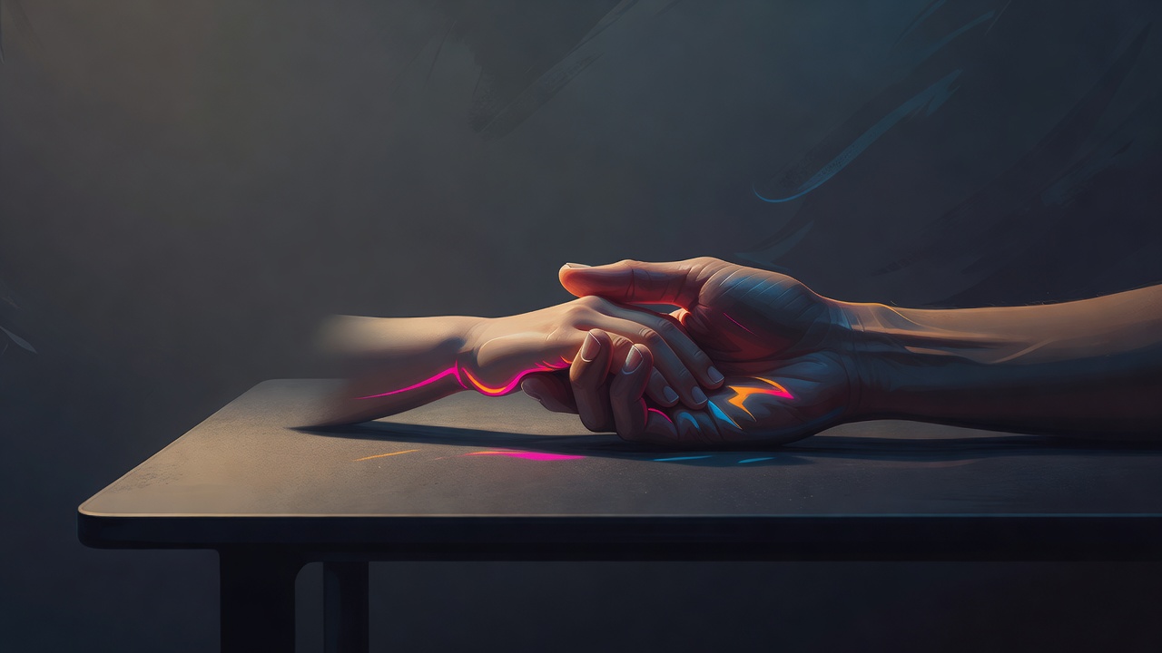 Die Hand eines Elternteils, die die Hand eines kleinen Kindes auf einem Tisch stützt
