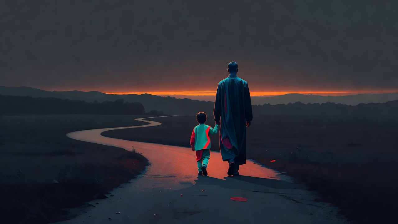 Ein Elternteil und ein Kind, die in der Abenddämmerung gemeinsam auf einem stillen Weg gehen