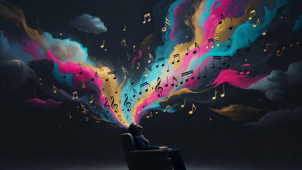 Musiknoten, die sich über einer zuhörenden Person in eine traumgleiche Szene auflösen