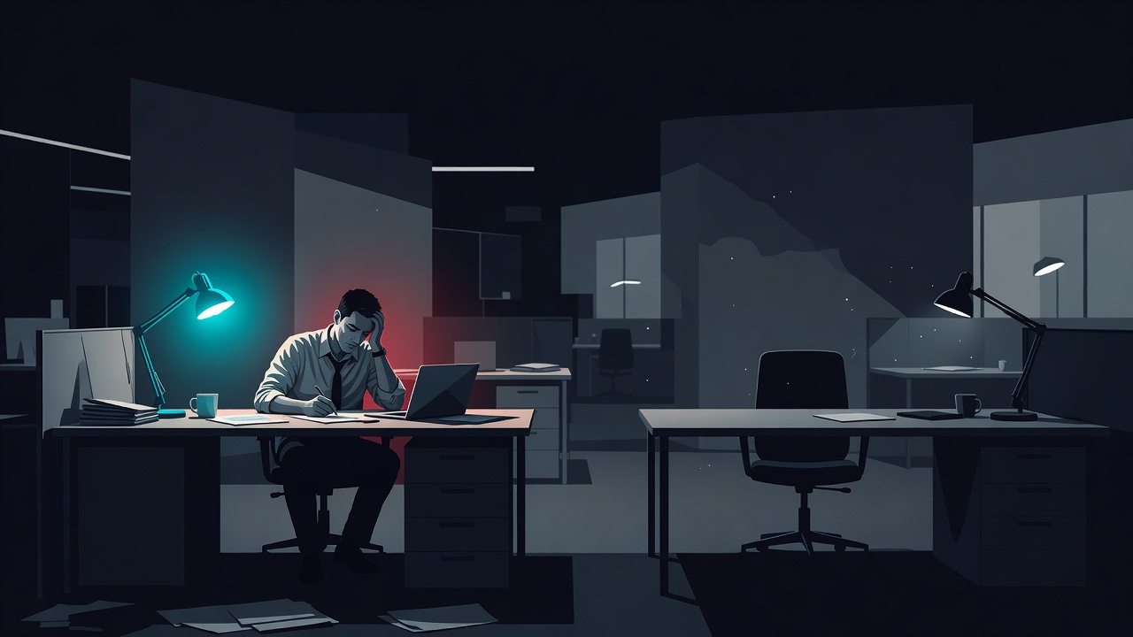 Ein Gründer arbeitet spät nachts allein unter einer einzigen Lampe, während der zweite Schreibtisch daneben leer bleibt