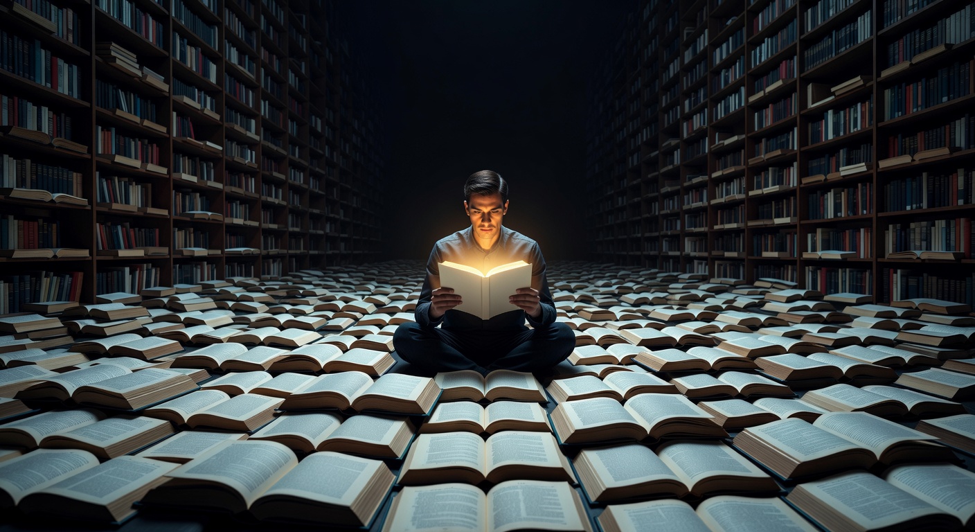 Eine Figur, die in einer unendlichen Bibliothek in eine einzige Seite vertieft ist