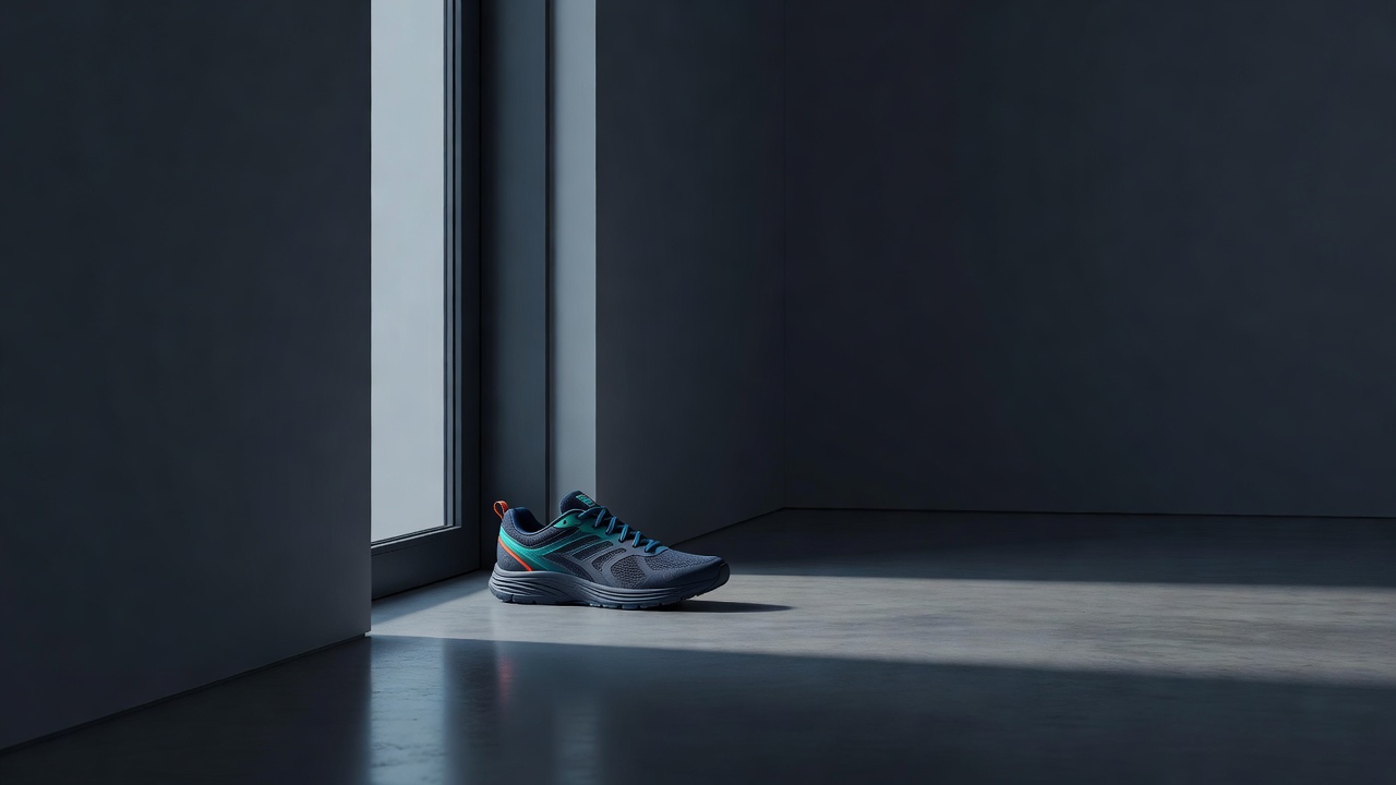 Ein einzelner Laufschuh, ordentlich an einer Haustür im Morgenlicht abgestellt