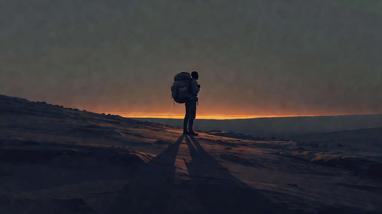 Eine einzelne Gestalt schultert im Morgengrauen einen schweren Rucksack auf einem kahlen Bergkamm