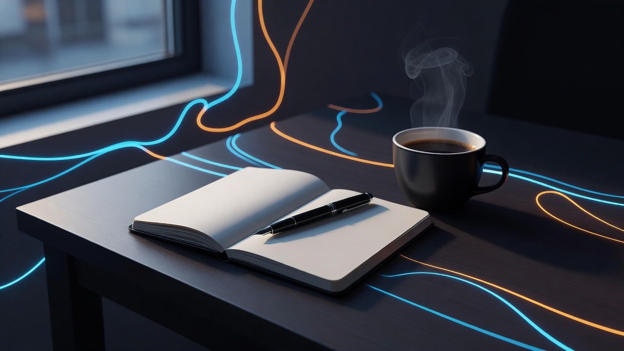 Ein aufgeschlagenes leeres Notizbuch mit einem darauf liegenden Stift neben einer Tasse Kaffee im frühen Morgenlicht am Fenster