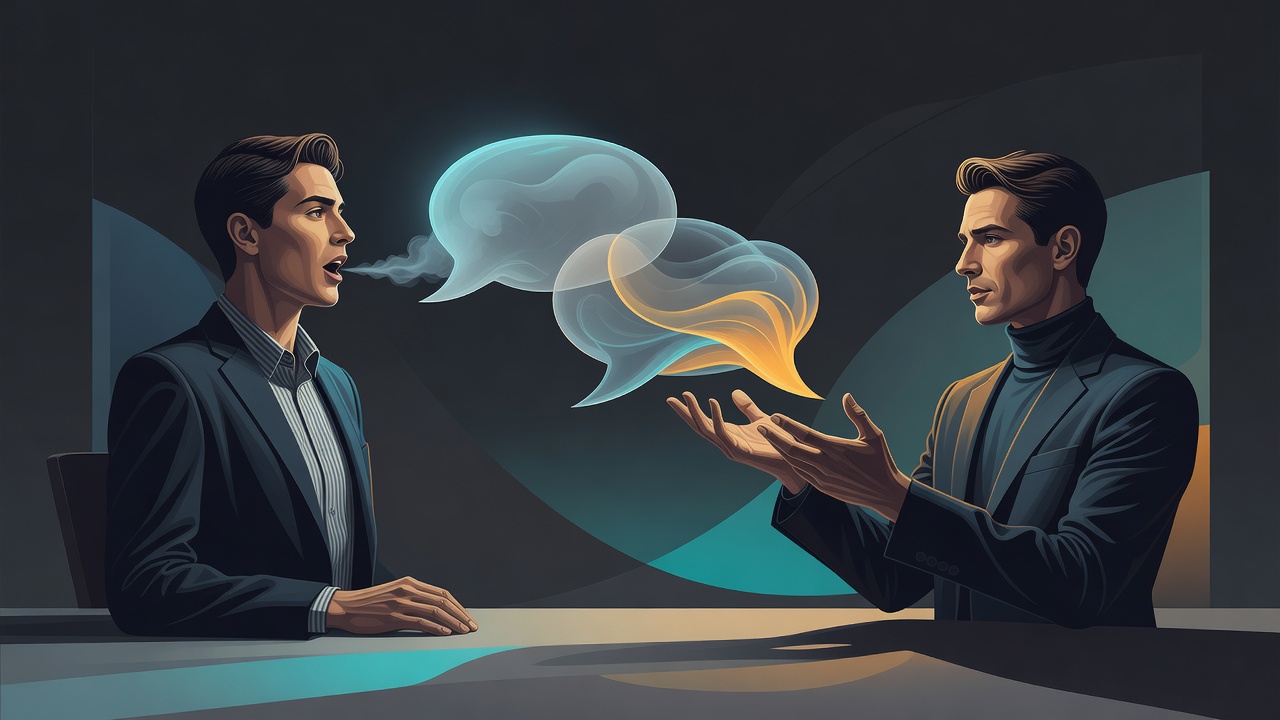 Ein Gründer mitten im Satz, eine Sprechblase wird ihm aus dem Mund gehoben und vom anderen umformuliert