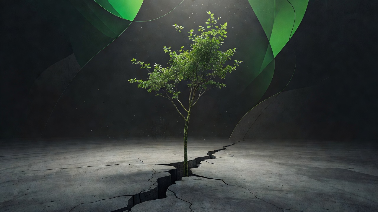 Ein junger grüner Baum, der durch einen Riss in kahlem grauem Beton dem weichen Licht entgegenwächst