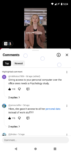 YouTube-Kommentare zu einem Video über das Geben von Zugang zu einem persönlichen Computer für eine Psychologiestudie. Top-Kommentar: 'Giving access to your personal computer over the office ones needs a Psychology study.' mit 118 Likes.