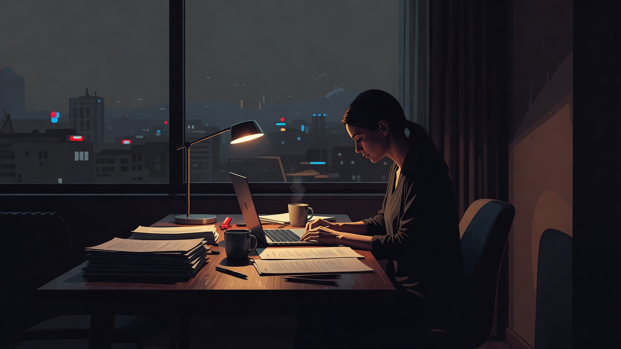 Eine Person, die spät in der Nacht allein an einem Schreibtisch arbeitet, eine Lampe beleuchtet stille Entschlossenheit