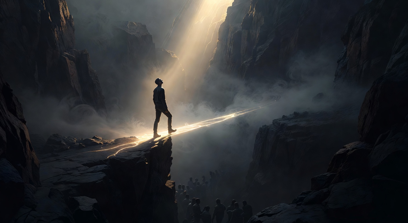 Eine Figur, die zuversichtlich auf eine Brücke aus Licht über einem riesigen Canyon schreitet