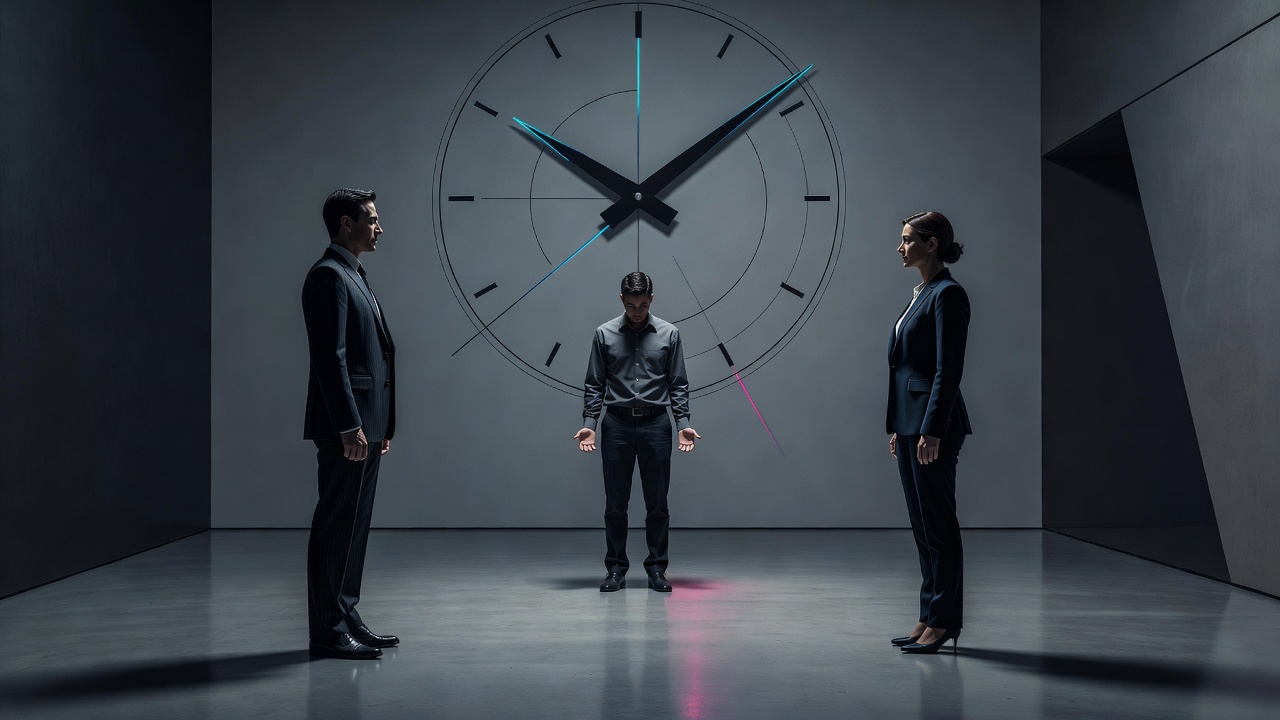 Zwei Gründer, die einen leistungsschwachen Mitarbeiter ansehen, während eine Uhr tickt, und sich gegenseitig ausweichen
