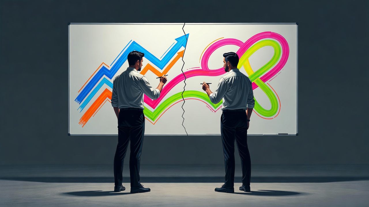 Zwei Gründer an einem Whiteboard, das in der Mitte geteilt ist, jeder zeichnet eine andere Roadmap