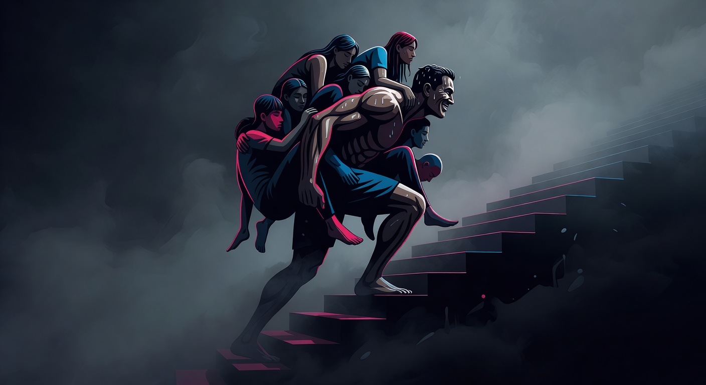 Eine Figur, die mehrere kleinere Figuren auf dem Rücken trägt, während sie eine Treppe in den Nebel hinaufsteigt