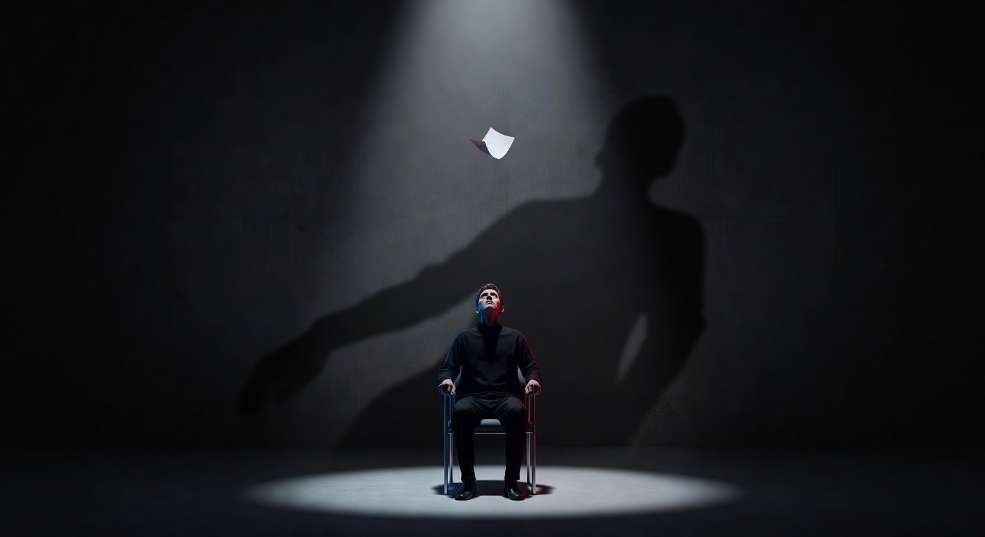 Eine Figur, die allein in einem Scheinwerfer sitzt und auf ein kleines Stück Papier starrt, das einen riesigen Schatten wirft