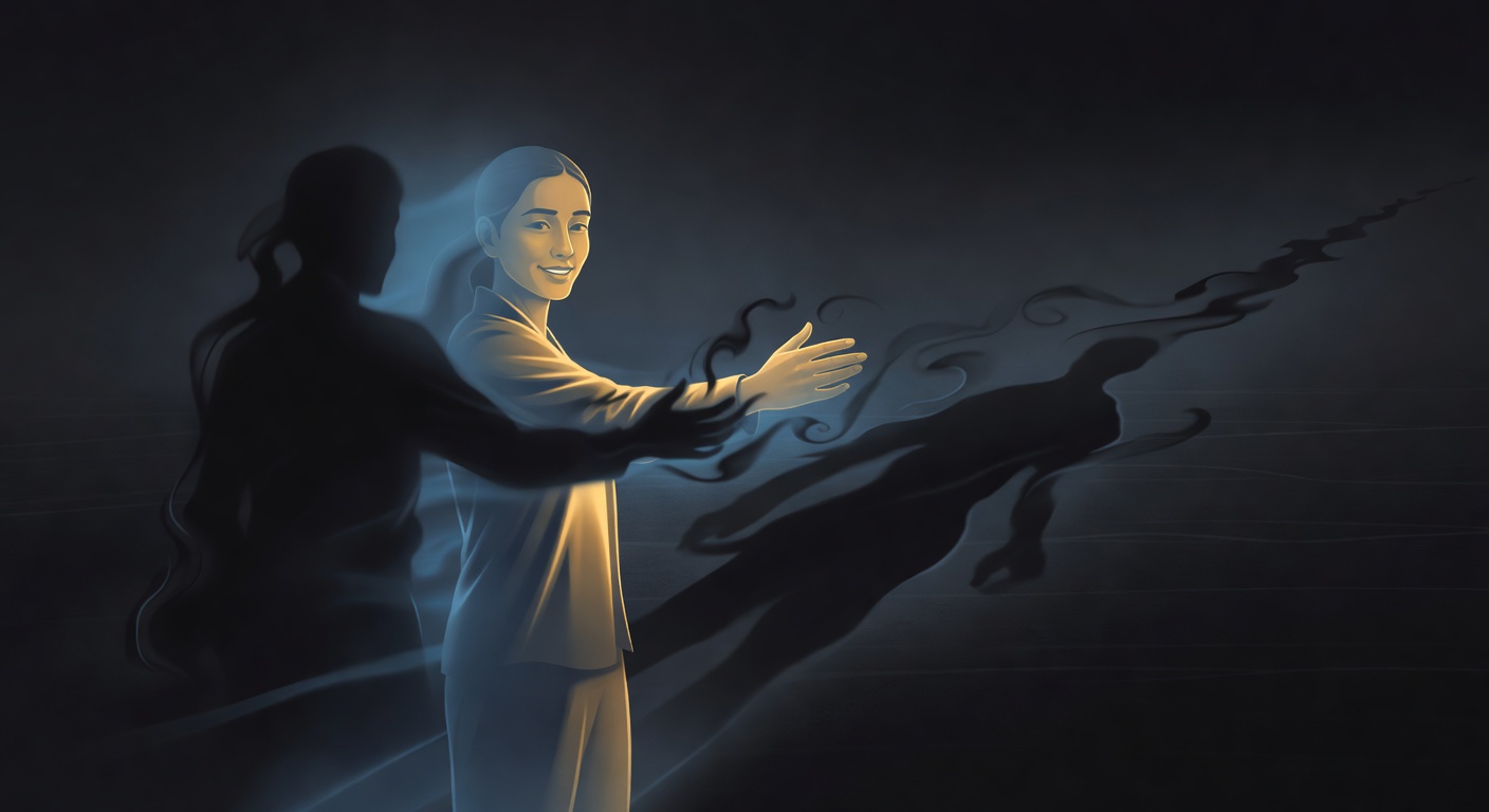 Eine Figur, die nach einem sich auflösenden Schatten greift, hinter ihr eine Spur aufgelöster Schatten