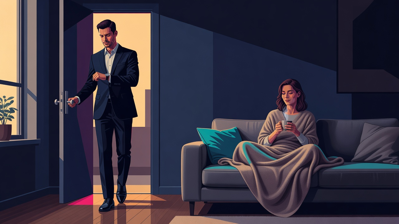 Ein Partner geht abends aus, während der andere es sich unter einer Decke auf dem Sofa gemütlich macht
