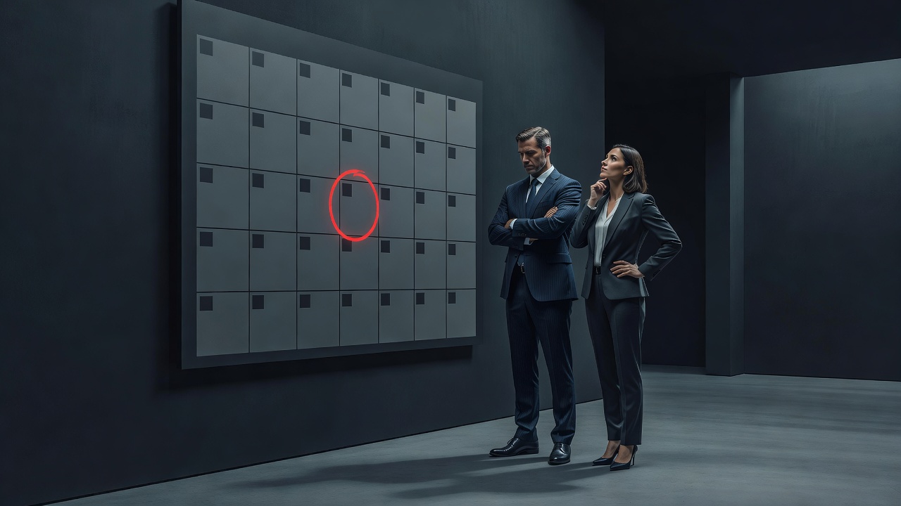 Ein Kalender mit einem rot eingekreisten, näher rückenden Datum, während zwei Gründer beide davon wegschauen
